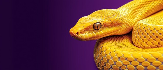 Fototapeta premium Close-up of a yellow snake's head against a purple backdrop with a black dot in its center