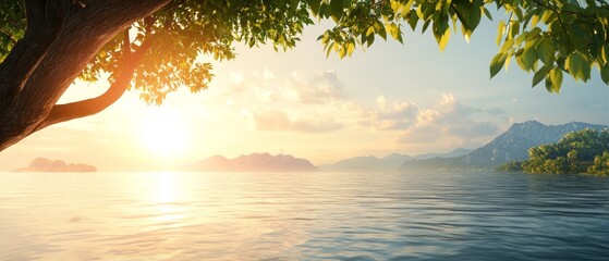  A sizeable water body with a tree in the foreground and a distant mountain range crowned by clouds