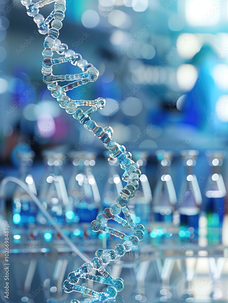 Aufkleber a vibrant dna strand appears prominently, with a blurred laboratory environment featuring colorful s