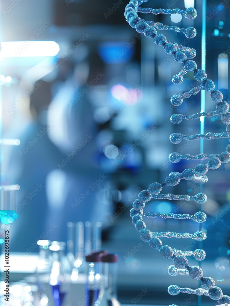 Poster the intricate dna strand is foregrounded against a laboratory backdrop, where researchers conduct im