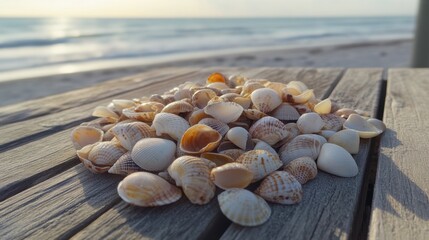Fototapeta premium A pile of seashells collected on the beach, arranged on a wooden deck.