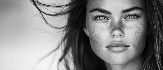  A monochrome image of a woman with freckles sprinkled across her face and hair