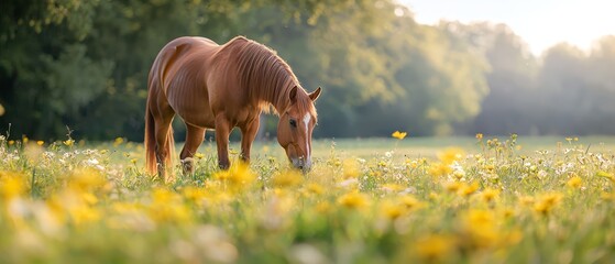  A brown horse stands atop a lush green field adjacent to another, teeming with yellow flowers