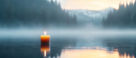 Fototapeta premium A candle floats in the center of a tranquil body of water, surrounded by a dense forest backdrop on a foggy day