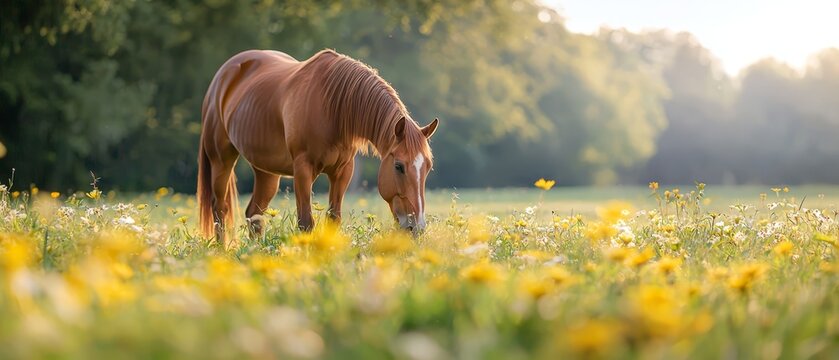  A brown horse stands atop a lush green field adjacent to another, teeming with yellow flowers - Powered by Adobe
