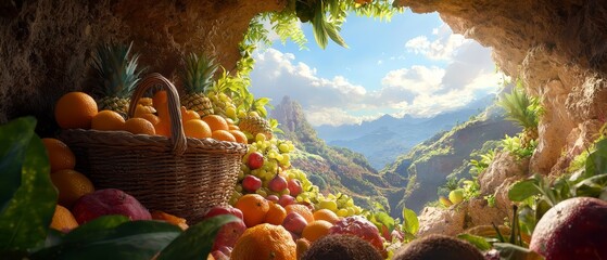  A basket of fruits rests on the ground, surrounded by a towering mountain range and an expansive...