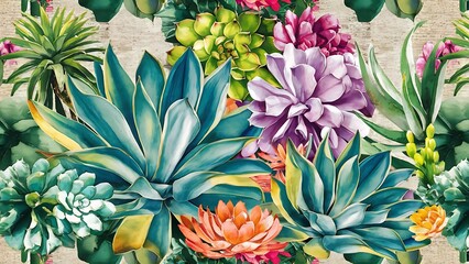 Succulent botanical flowers. Watercolor illustration set. Seamless background pattern. Fabric wallpaper print texture.