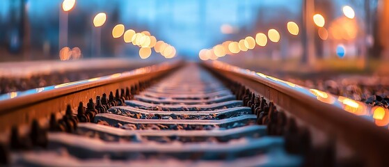  A tight shot of a train track Blurred lights lie on the opposite side Trees loom in the backdrop