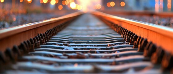  A tight shot of a train track, backdrop of the city's lights softly blurred