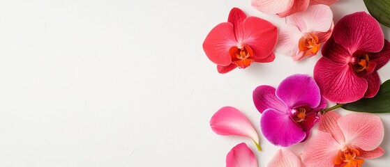 Pink and Purple Orchids against a pristine white backdrop Insert text or image here