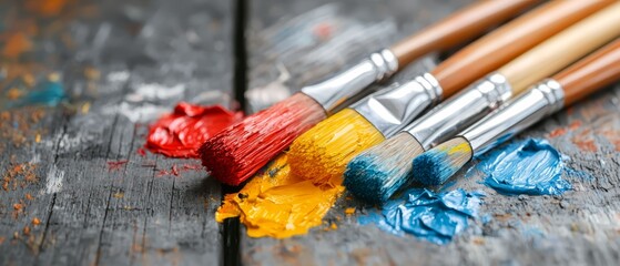 Obraz premium A collection of paintbrushes aligned on a wooden table, surrounded by spilled paint