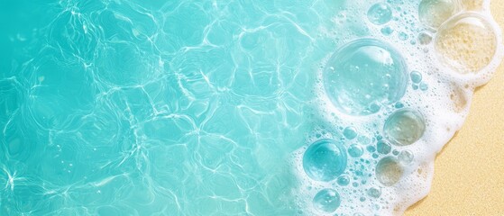 Naklejka premium A sandy beach adjacent to the crystal-clear ocean, its depths displaying blue water and frothy bubbles at the bottom