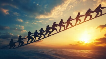 A team pulling together on a rope in a tug-of-war, symbolizing effort, cooperation, and determination.