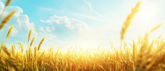  A field of tall grass bathed in sunlight filtering through midday clouds, against a backdrop of a clear, blue sky