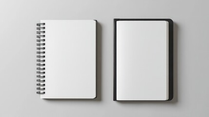 Blank photorealistic notebook mockup front and back view on light grey background
