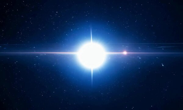 Close-up shot with pulsar beam: The camera starts by focusing on the pulsar emitting its beam of radiation, then pulls back to reveal the pulsar&rsquo;s rapid rotation and the dark space around it.