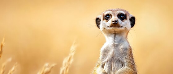 Fototapeta premium Meerkat atop tall grass, gazing curiously at camera