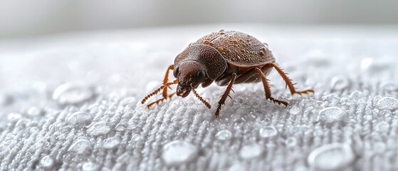  A bed bug tightly clinging to a white surface, surrounded by water droplets In the backdrop, more water rests on the bed ..