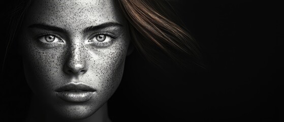  A black-and-white image of a woman with freckled hair and freckled skin
