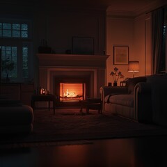 A serene living room featuring a glowing fireplace, creating a cozy and inviting atmosphere. Perfect for relaxing or unwinding with soft lighting and plush furnishings.