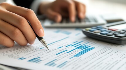 Close-up of hands typing financial data into a budget spreadsheet, with documents and a calculator nearby.