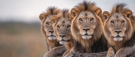 Obraz premium A cluster of lions perched together on a tree stump amidst a verdant field, surrounded by tall grasses and trees