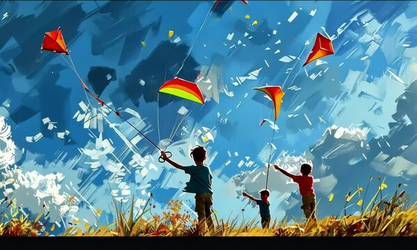 A painting of three children flying kites in a field Video