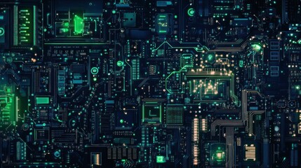 Fototapeta premium Complex digital circuitry glowing in vibrant green and blue against a dark backdrop.