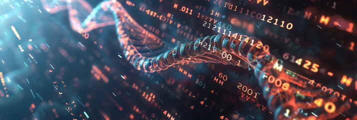 A 3D representation showcases a vibrant DNA strand combined with data streams and binary code, reflecting advancements in biotechnology. Generative AI