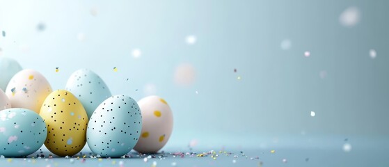  A blue backdrop adorned with confetti dots, topped with a cluster of eggs boasting confetti sprinkles