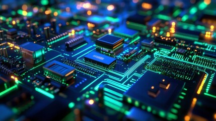Obraz premium Complex digital circuitry glowing in vibrant green and blue against a dark backdrop.