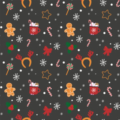 Christmas seamless pattern with gingerbread, candy, sweet cocoa and snowflakes
