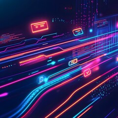 Fototapeta premium Abstract lines and curves move in a way that symbolizes data and code. Bright, high-energy colors like electric blue, neon pink, and bright green are utilized on a dark, gradient background.