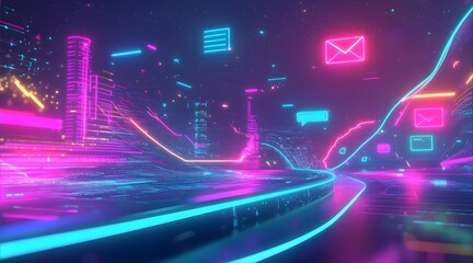 Abstract lines and curves flow dynamically, symbolizing data and code. Bright, high-energy colors like electric blue, neon pink, and bright green on a dark, gradient background. 