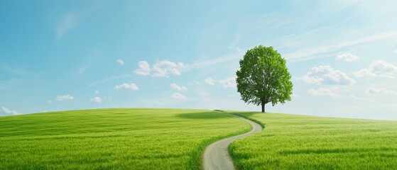  A solitary tree stands in the middle of a grassy field A dirt path leads to a lone tree atop a hill