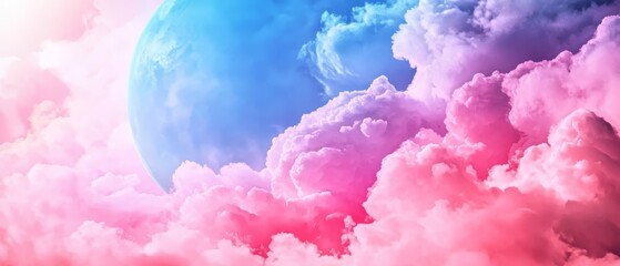 Fototapeta premium Blue-pink sky with clouded foreground, moon - blue, centrally positioned