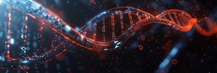 A dynamic portrayal of a DNA strand integrated with binary code and data streams, showcasing advancements in genetics and technology. Generative AI