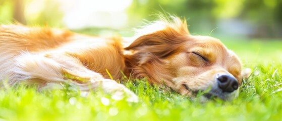  A tight shot of a dog reclining in the grass, head resting on paws, eyes shut