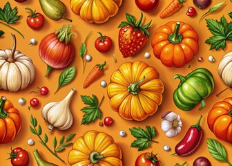Seamless Pattern of Farm Vegetables on Vibrant Orange Background for Print and Design Projects