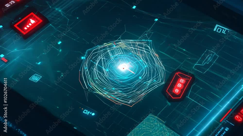 Poster close-up of futuristic digital interface with glowing red and blue lines and buttons.