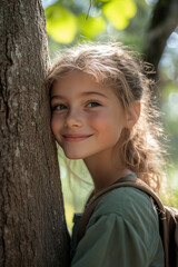 Caucasian girl hugging the trunk of a big tree in the forest
