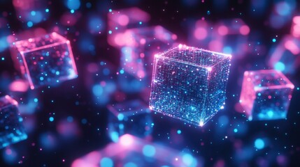 Floating 3D cubes made of glowing particles, representing a digital data structure.
