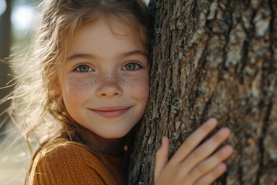 Caucasian girl hugging the trunk of a big tree in the forest