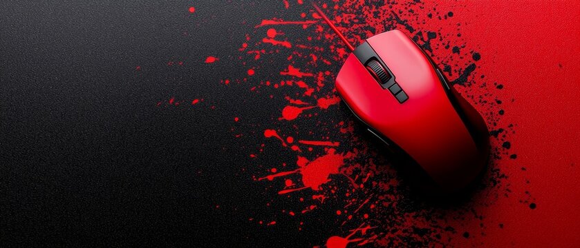  A red mouse atop a black surface, surrounded by red paint splatters on its sides A separate black surface bearing similar red paint splatters