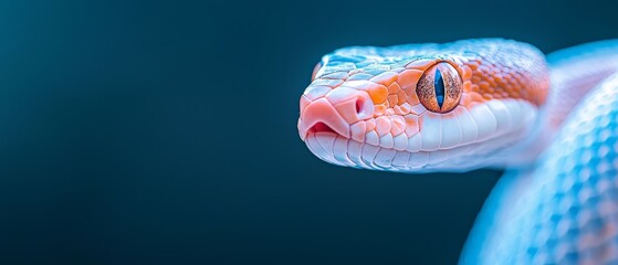Fototapeta premium Close-up of a snake's head against a black backdrop, displaying blue and orange patterns on its body