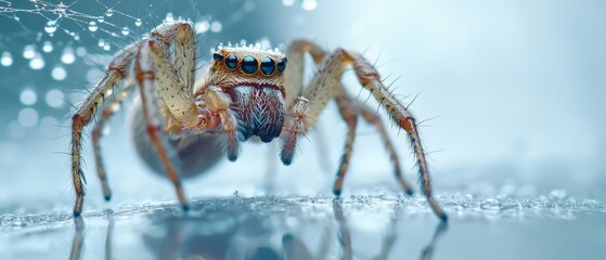 A tight shot of a spider on a flat surface, its back legs and legs touched by water droplets