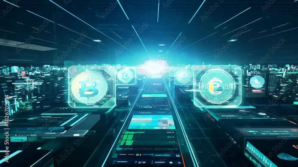 Poster futuristic city with blue glowing lines and digital displays showing cryptocurrency data and graphs.