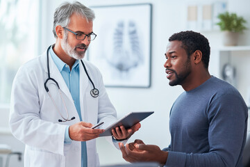 Caucasian doctor with gray hair and beard in white coat with stethoscope shows patient all information on tablet. African American male patient, listens attentively, discusses treatment
