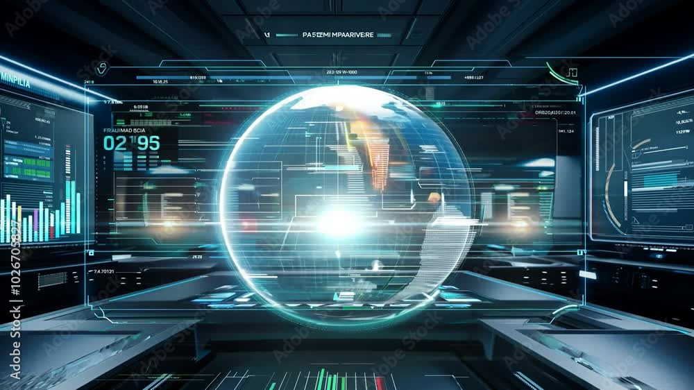 Poster futuristic control room with a glowing globe in the centre and numerous displays with digital data.
