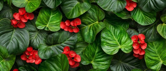  A tight shot of verdant leaves with red blossoms nestled amongst them, and a solitary red flower at their heart